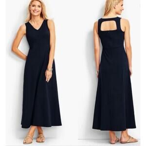 Talbots Womens L Navy blue Square Open Back Jersey Casual Maxi Dress Stretch NWT